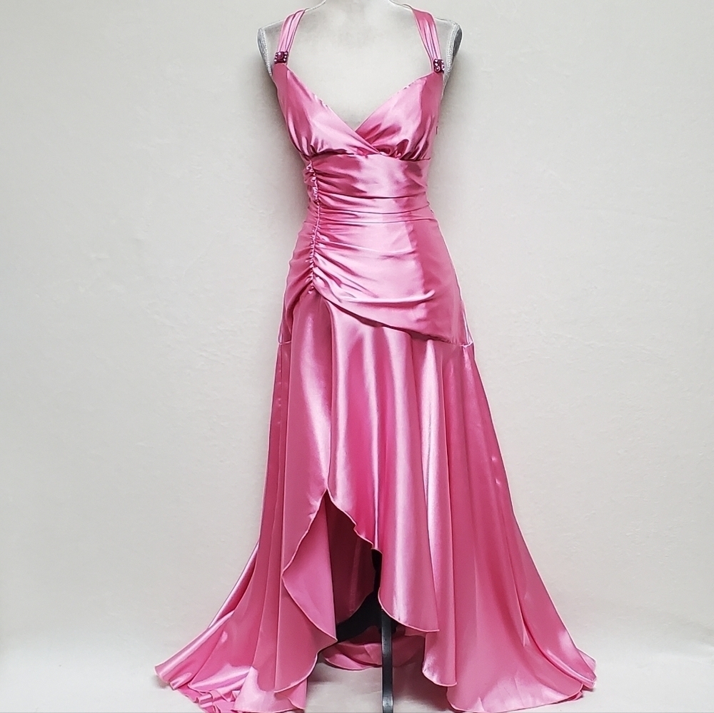 BarbieCore 90s Vintage Jessica McClintock Gunne Sax Pink Satin High Low Dress L - Picture 5 of 16